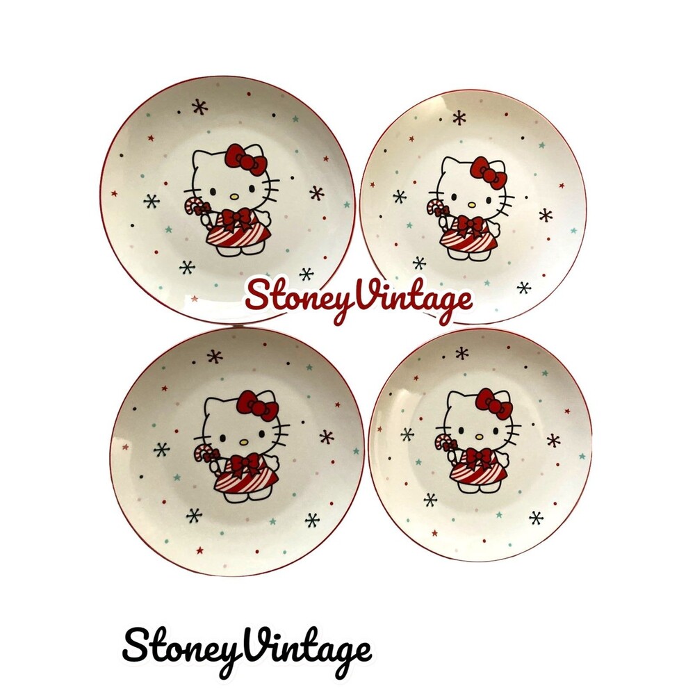 HELLO KITTY Christmas Set of 4 Candy Cane Dress Dinner Plates